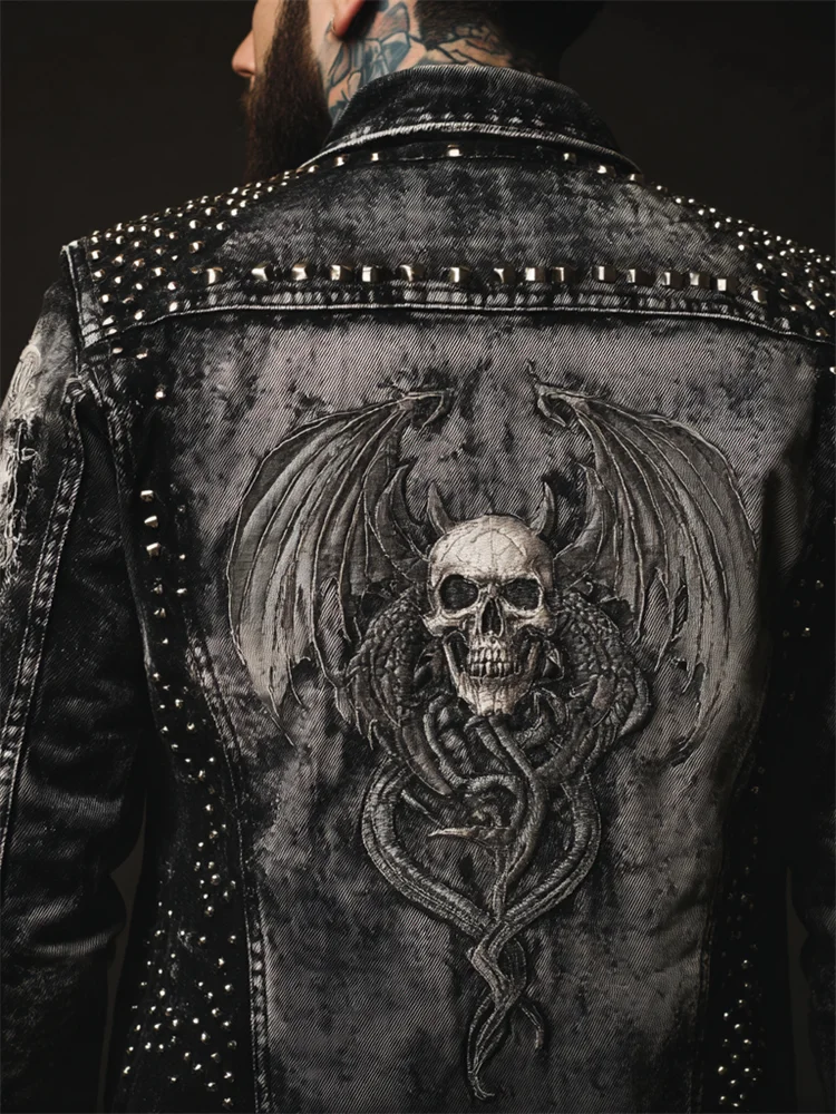 Men's Rock Style Bat Wings Skull Studded Washed Denim Jacket