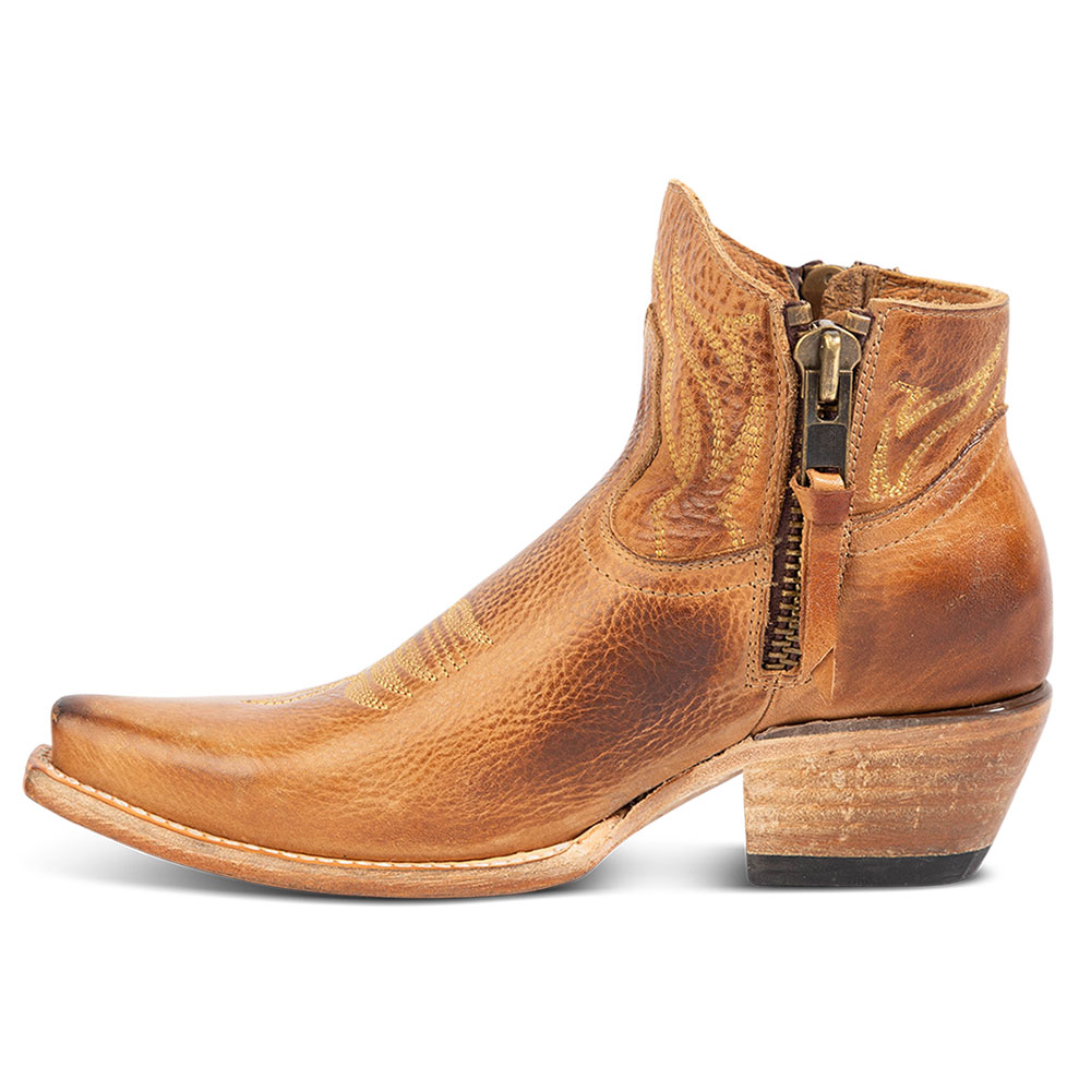Tan Distressed Snip Toe Heeled Ankle Boots with Two Brass Zips