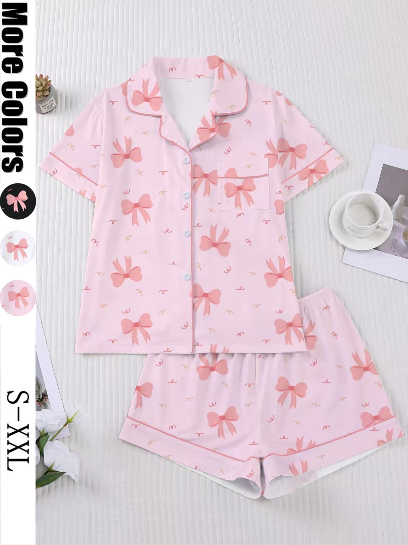 Women's Valentine's Day Sleepwear Set, Bow Print Pajamas, Short Sleeve Button-Up Top & Elastic Shorts, Casual Home Wear Loungewear