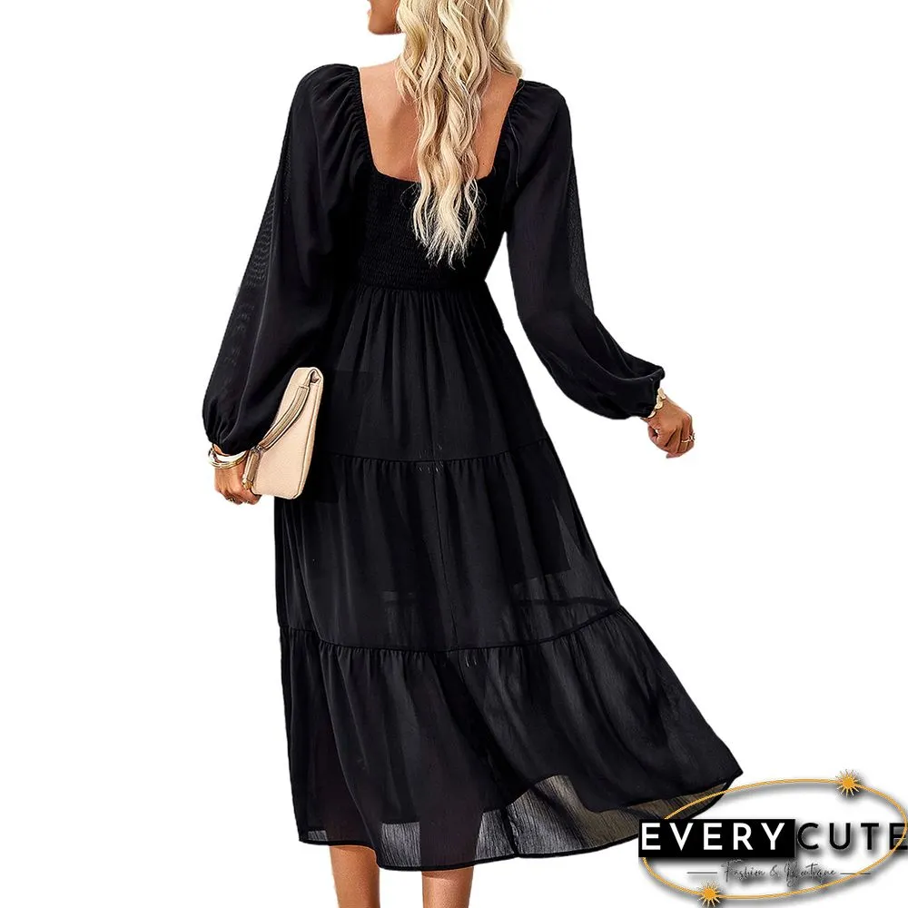 Black Solid Square Neck Pocket Long Sleeve Dress