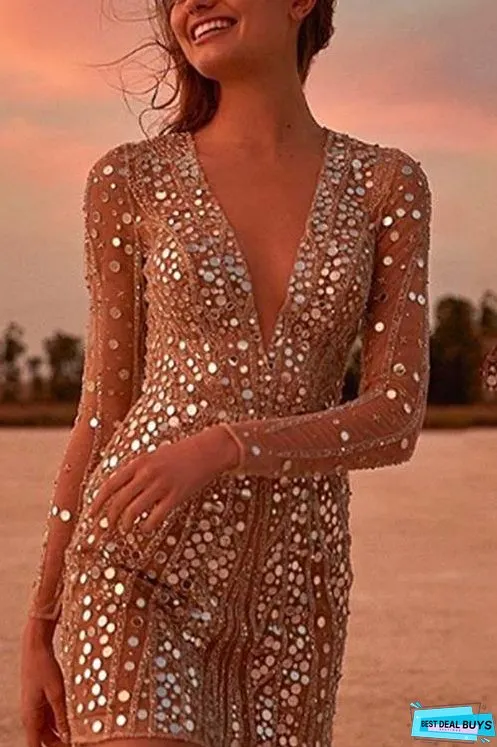 Meridress Deep V Neck Mesh Sleeve Mini Sequin Club Dress