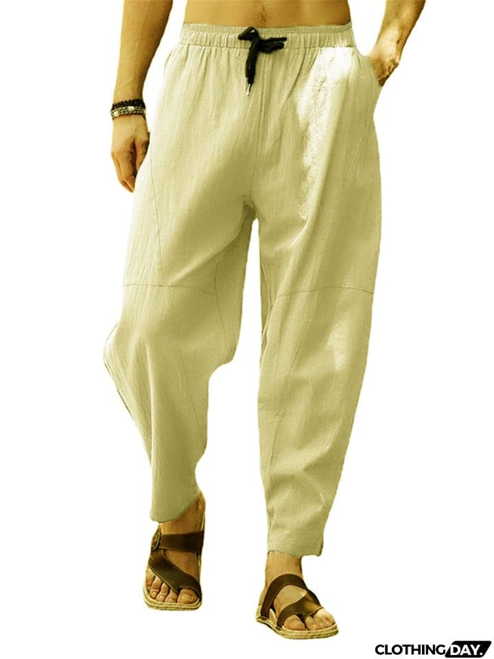 Men Loose Drawstring Casual Solid Color Pants