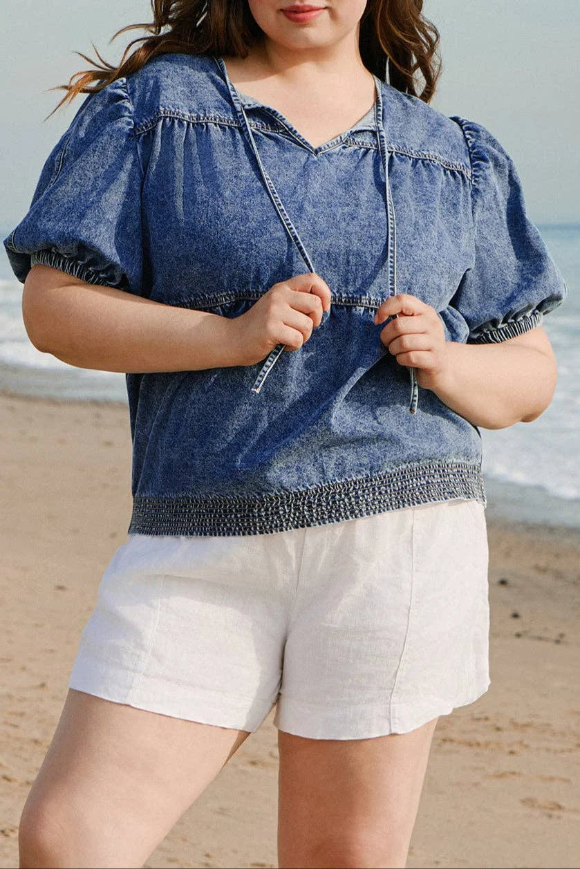 Plus Size Denim V-Neck Puff Sleeve Blouse | IFYHOME