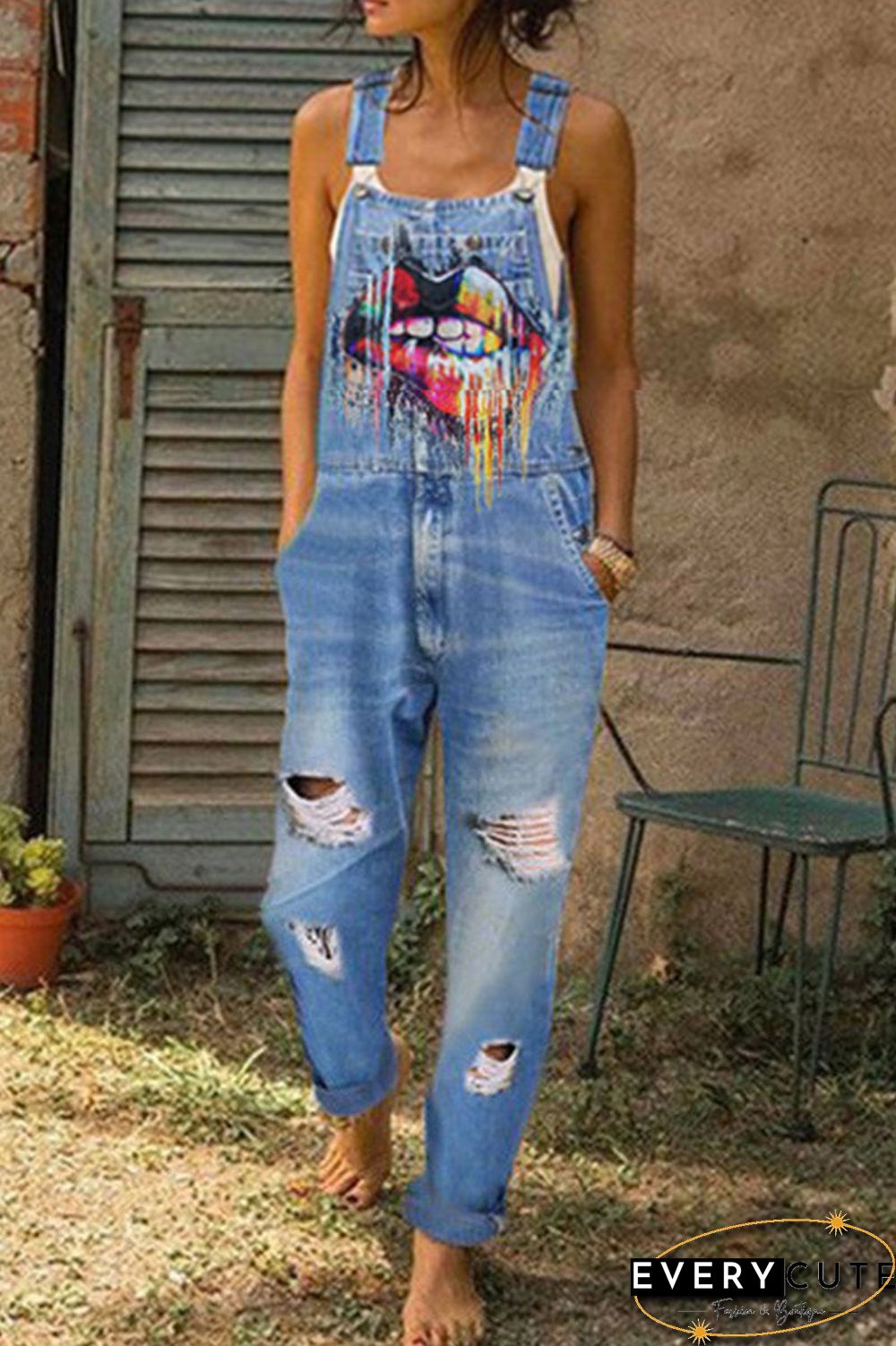 Lip Distressed Pocket Plus Size Jumpsuit