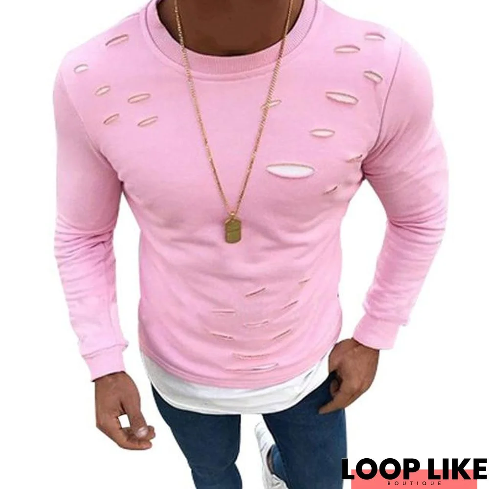 Fake Two Pieces Hole Irregular Mens T-Shirt Good Quality Patchwork Elastic Long Sleeve Male Solid O-Neck T-Shirt