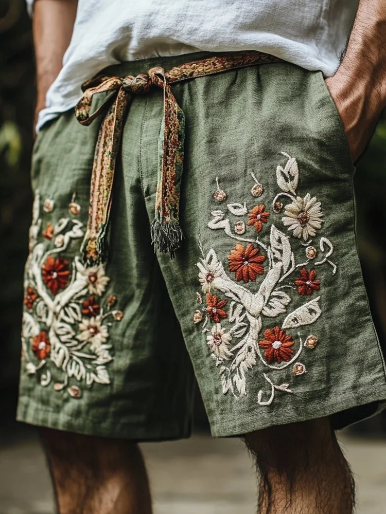Men's Vintage Floral Embroidered Linen Blend Comfy Shorts