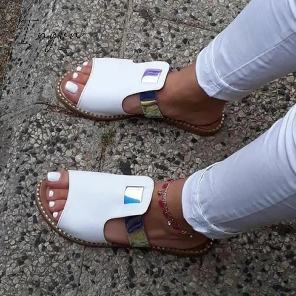 Ingvn - Casual Mixed Color Flat Slippers White / 5