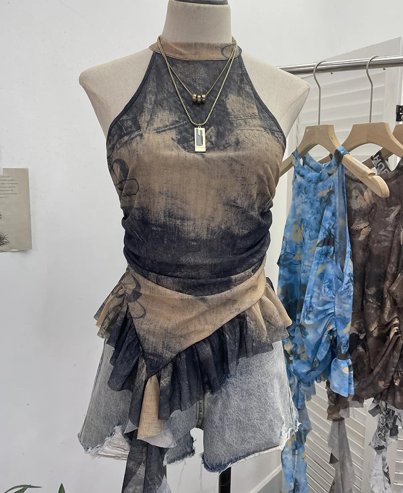 Uveng Trend Irregular Hanging Neck Dyeing Net Yarn Vest Lotus Side Ribbon Short Sleeveless Top 9969