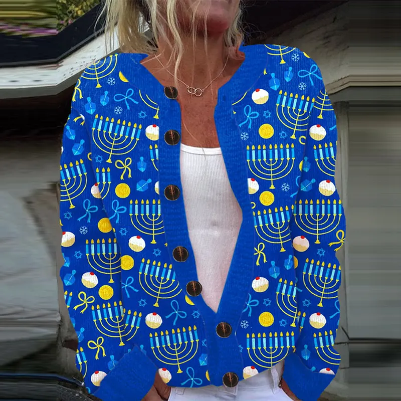Women's Hanukkah Menorah Button Knit Cardigan