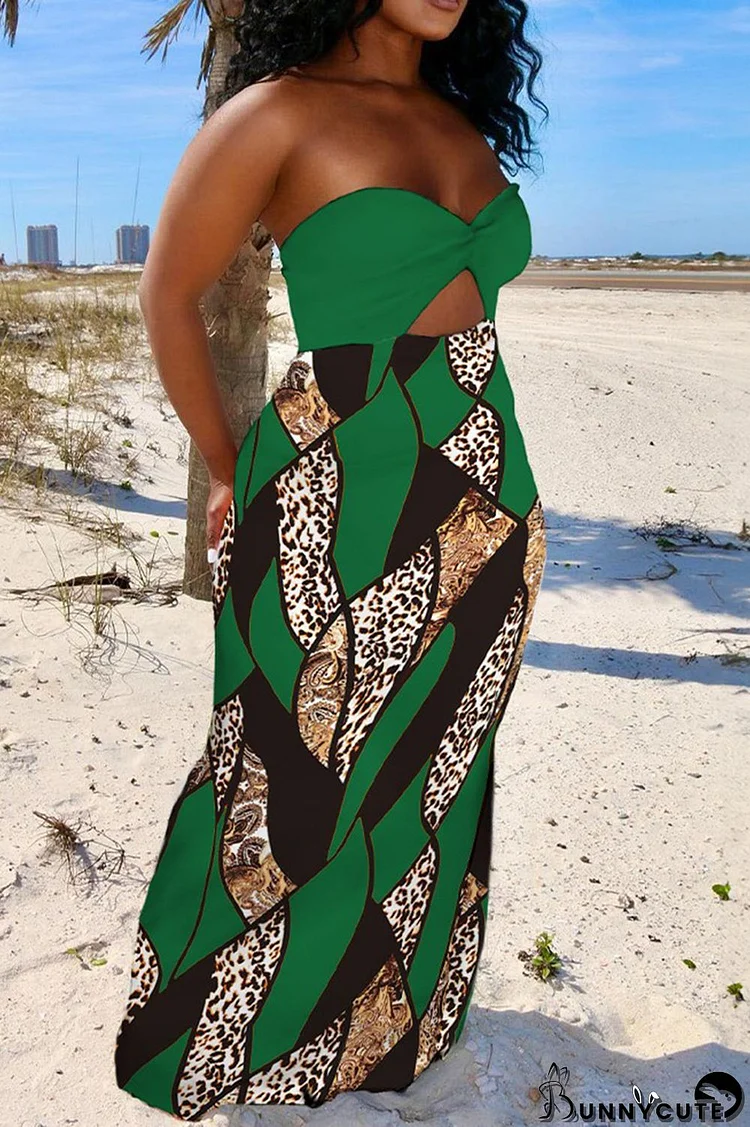 Green Sexy Casual Print Hollowed Out Backless Strapless Long Dress Dresses