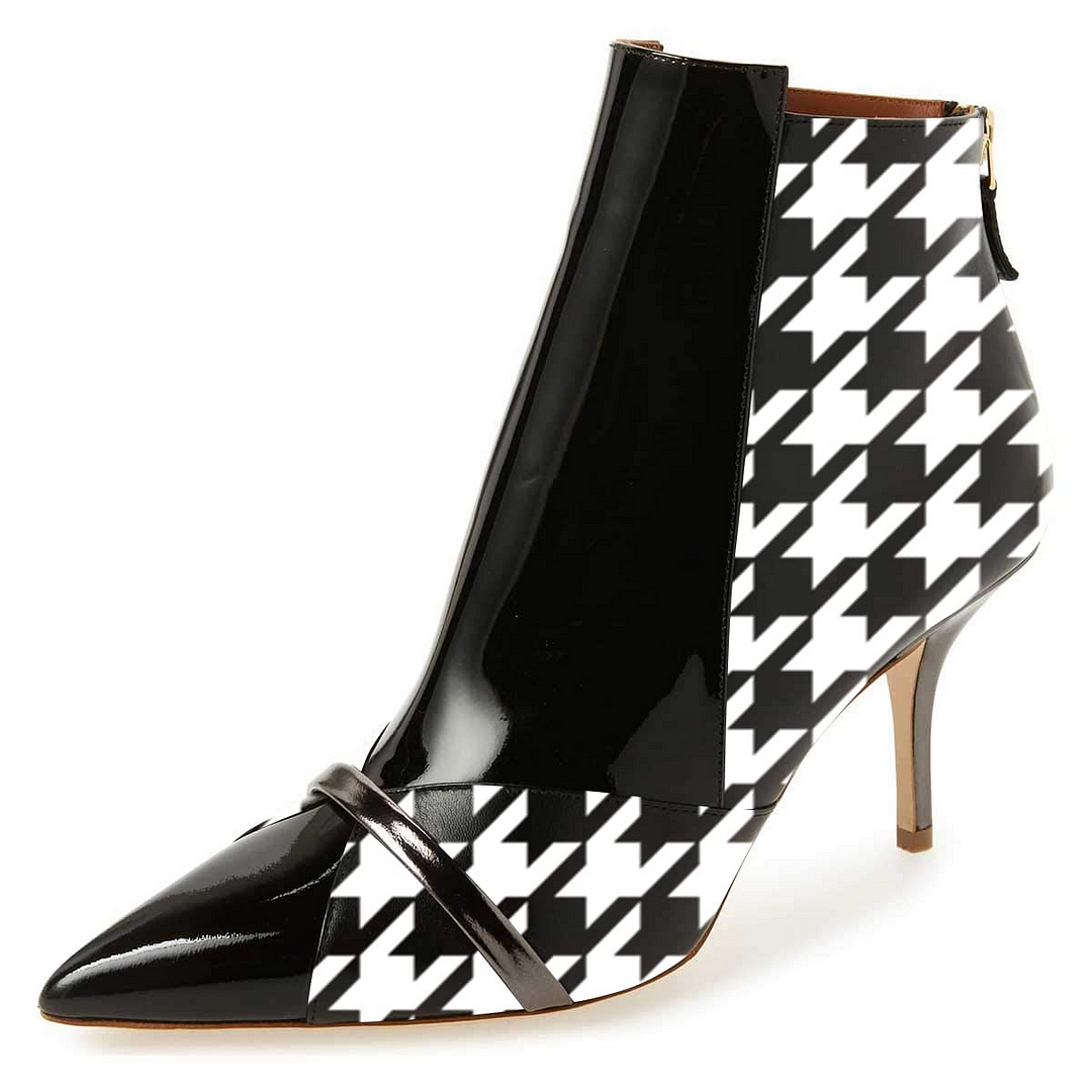 Black White Color-block Leather Ankle Boots With Kitten Heels Nicepairs