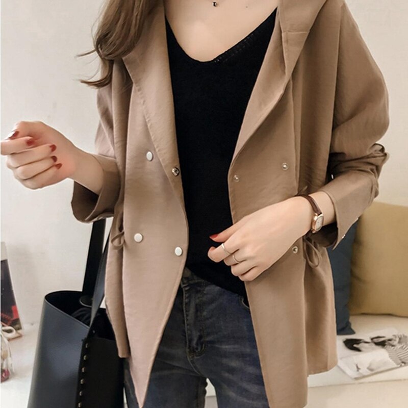 2021 Spring Autumn Women New Style Windbreaker Loose Hooded Trench Coat Mid-length Casual Long-sleeved Cardigan Coats wl016