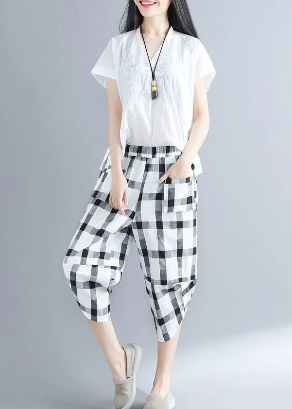 Classy cotton quilting white Plaid Art harem pants