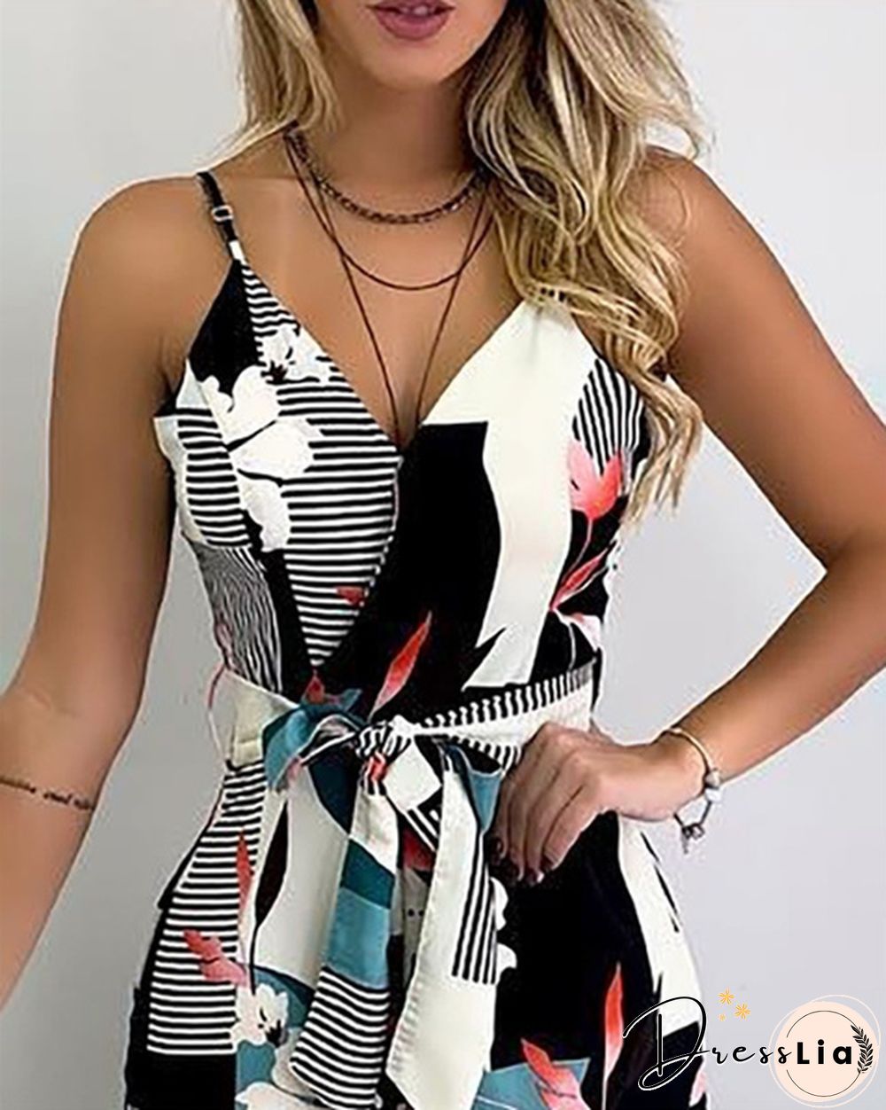 Women Fashion Spaghetti Strap Mixed Printing Jumpsuit Deep V-neck Sleeveless Jumpsuits Backless Wide Leg Macacao Feminino