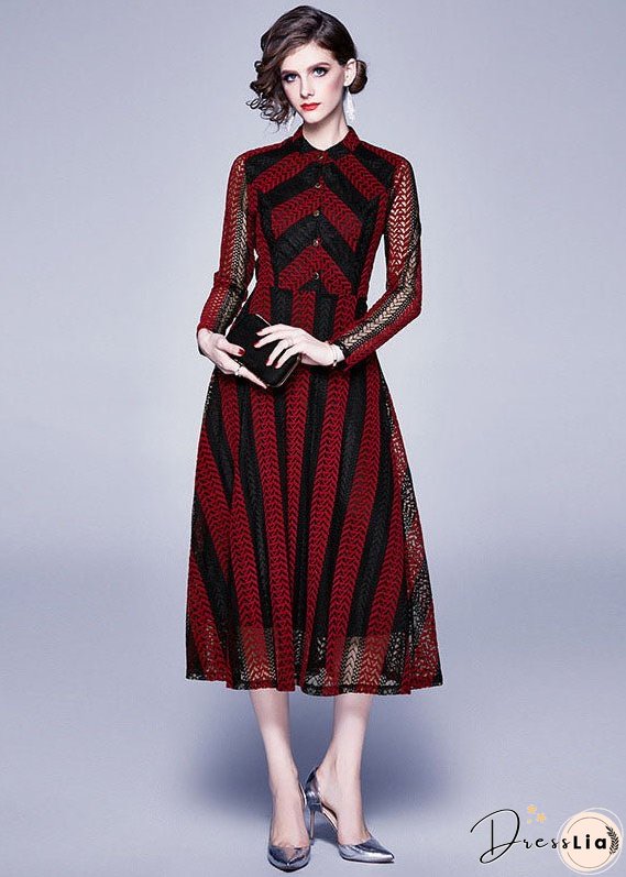 Modern Red Stand Collar Hollow Out Button Patchwork Lace Dress Summer