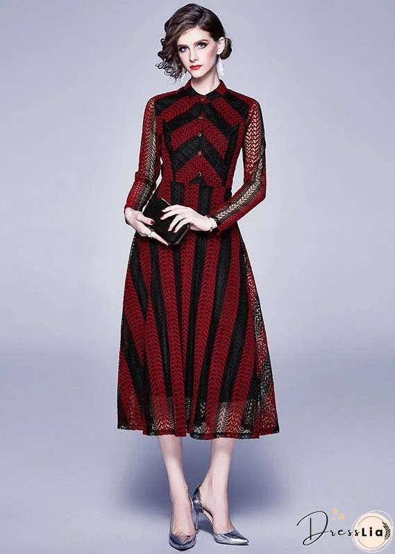 Modern Red Stand Collar Hollow Out Button Patchwork Lace Dress Summer