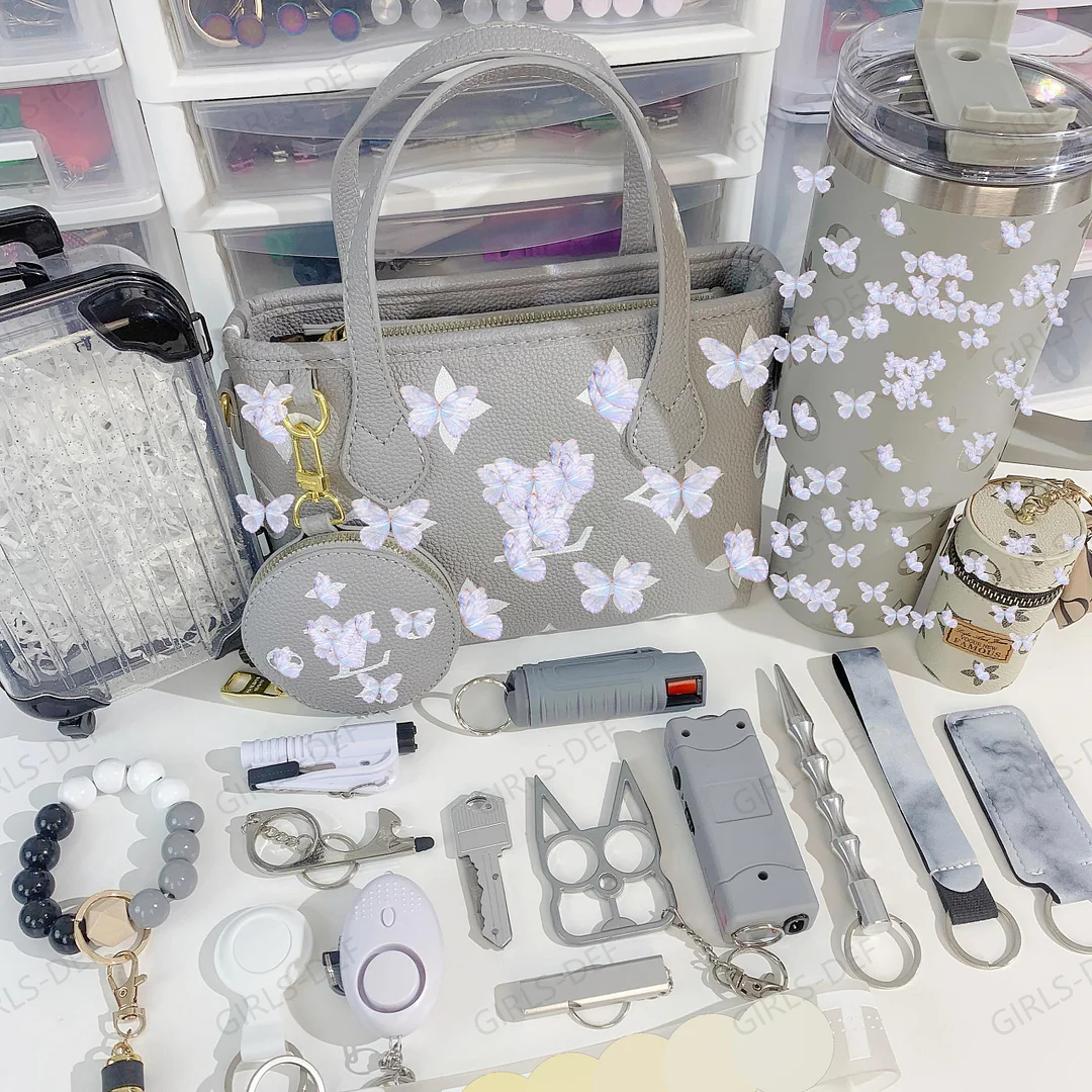 (GREY) 2nd Gen French Designer Tote Bag self defense keychain with Tumbler