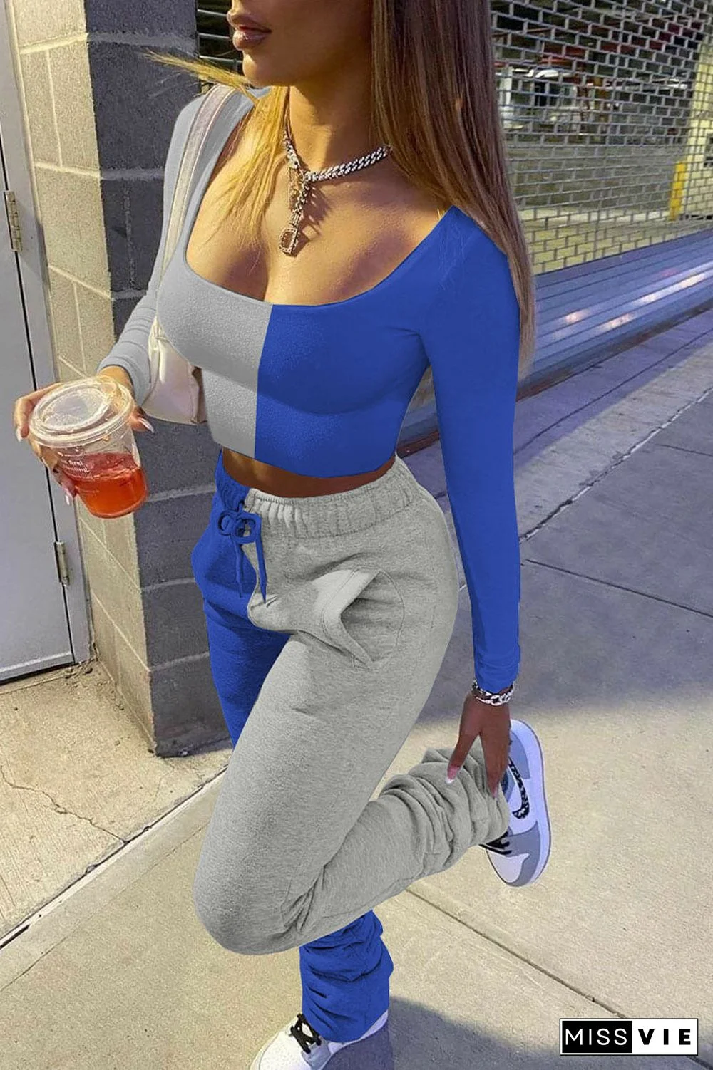 Sexy Solid Patchwork Fold U Neck Long Sleeve Two Pieces(3 Colors)