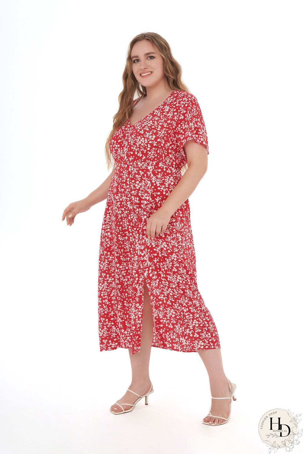 Floral Print Short-sleeved Side-slit Midi Dress P11922