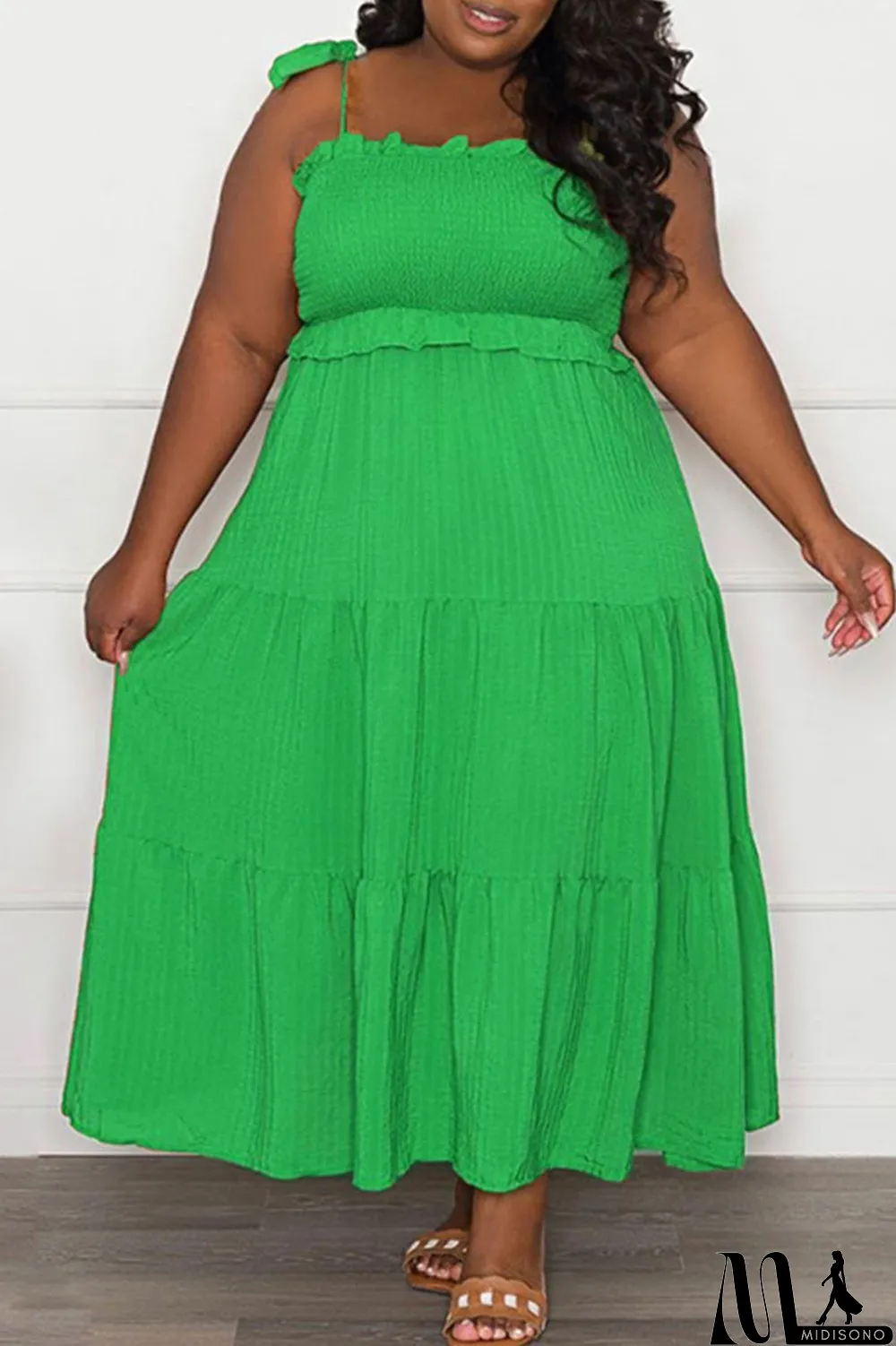 MidiSono - Pink Casual Sweet Solid Bandage Patchwork Fold Spaghetti Strap Sling Dress Plus Size Dresses