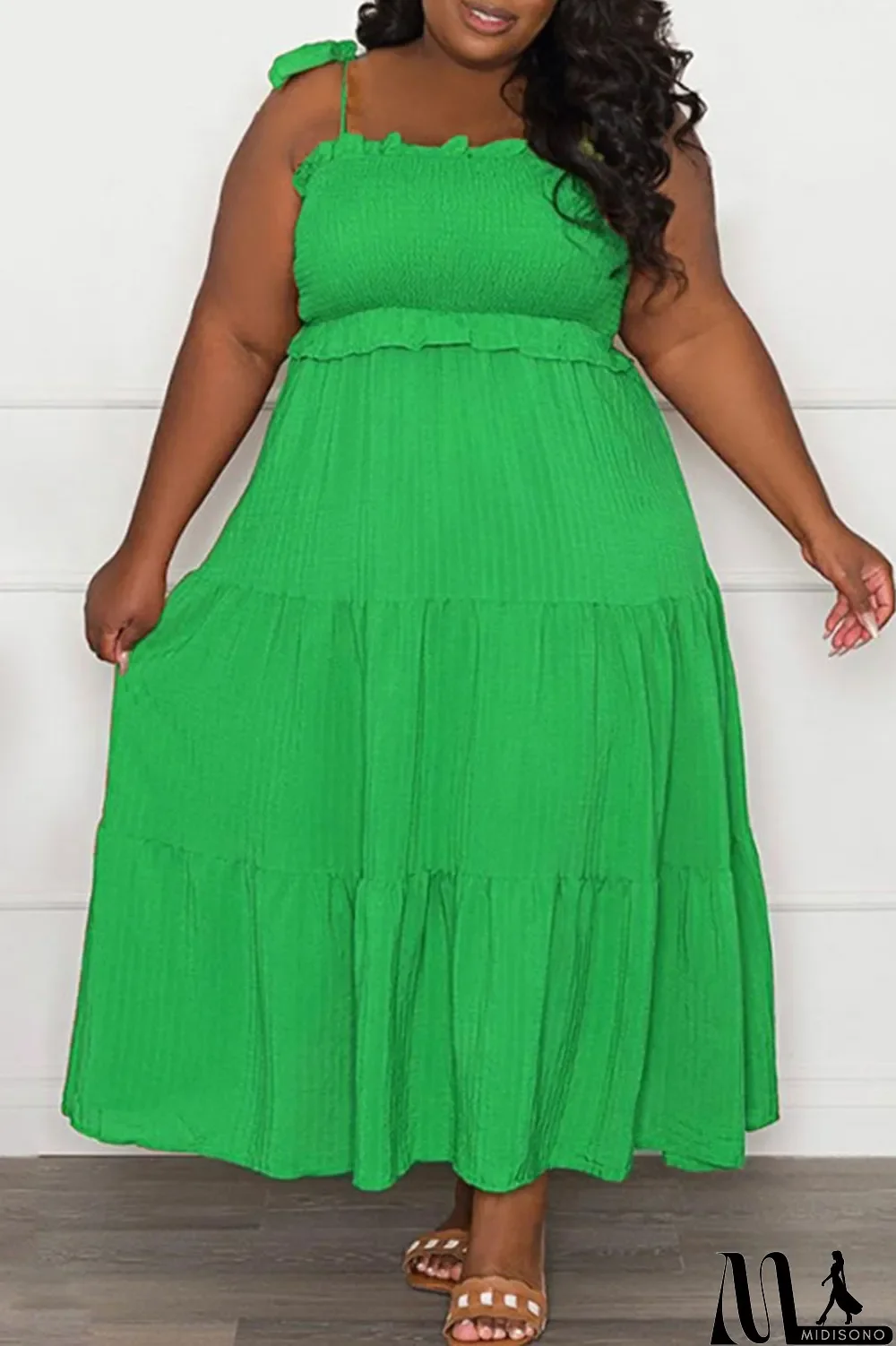 MidiSono - Pink Casual Sweet Solid Bandage Patchwork Fold Spaghetti Strap Sling Dress Plus Size Dresses