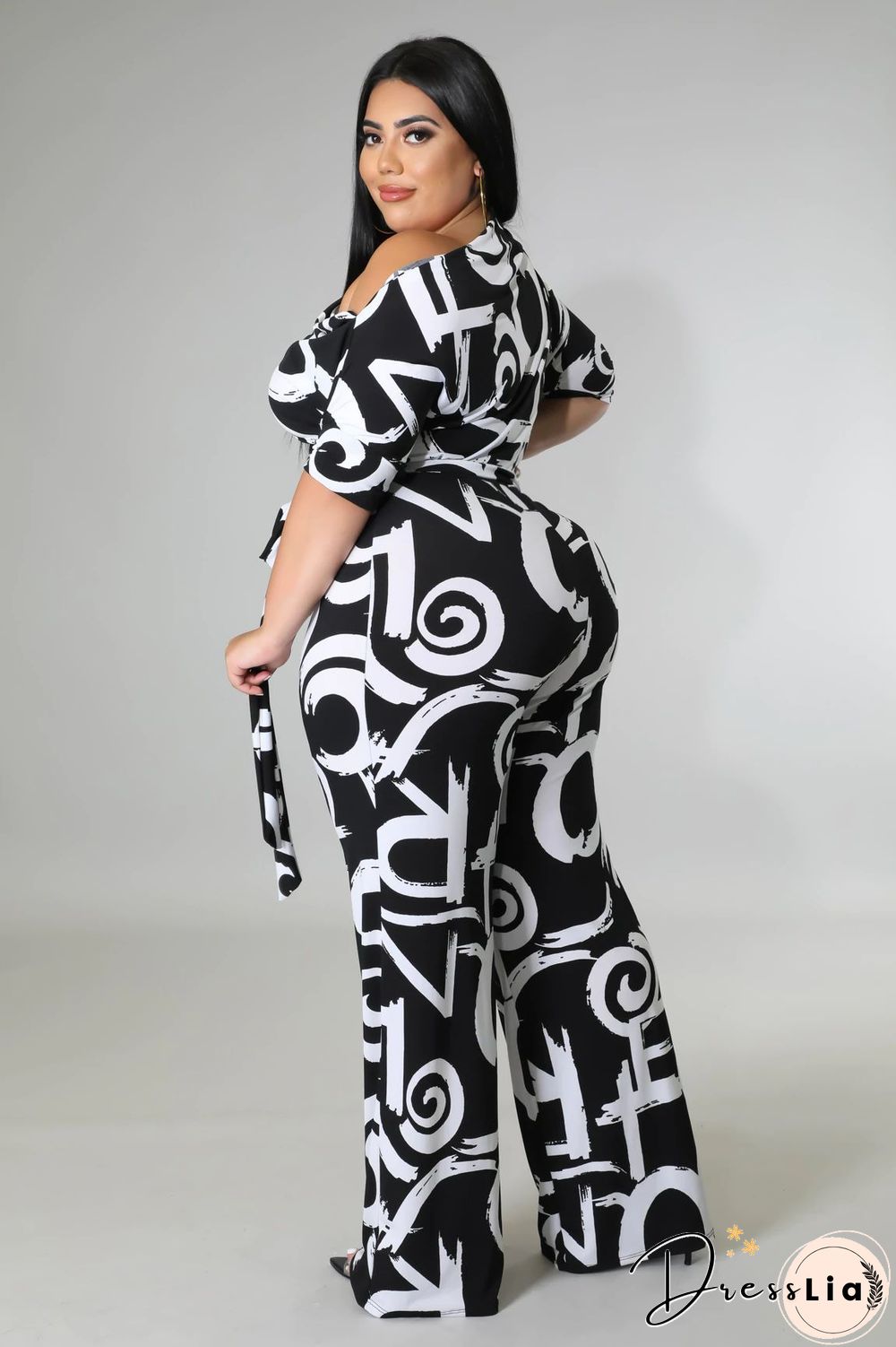 Off-the-shoulder Printed Plus Size Wide Leg Jumpsuit