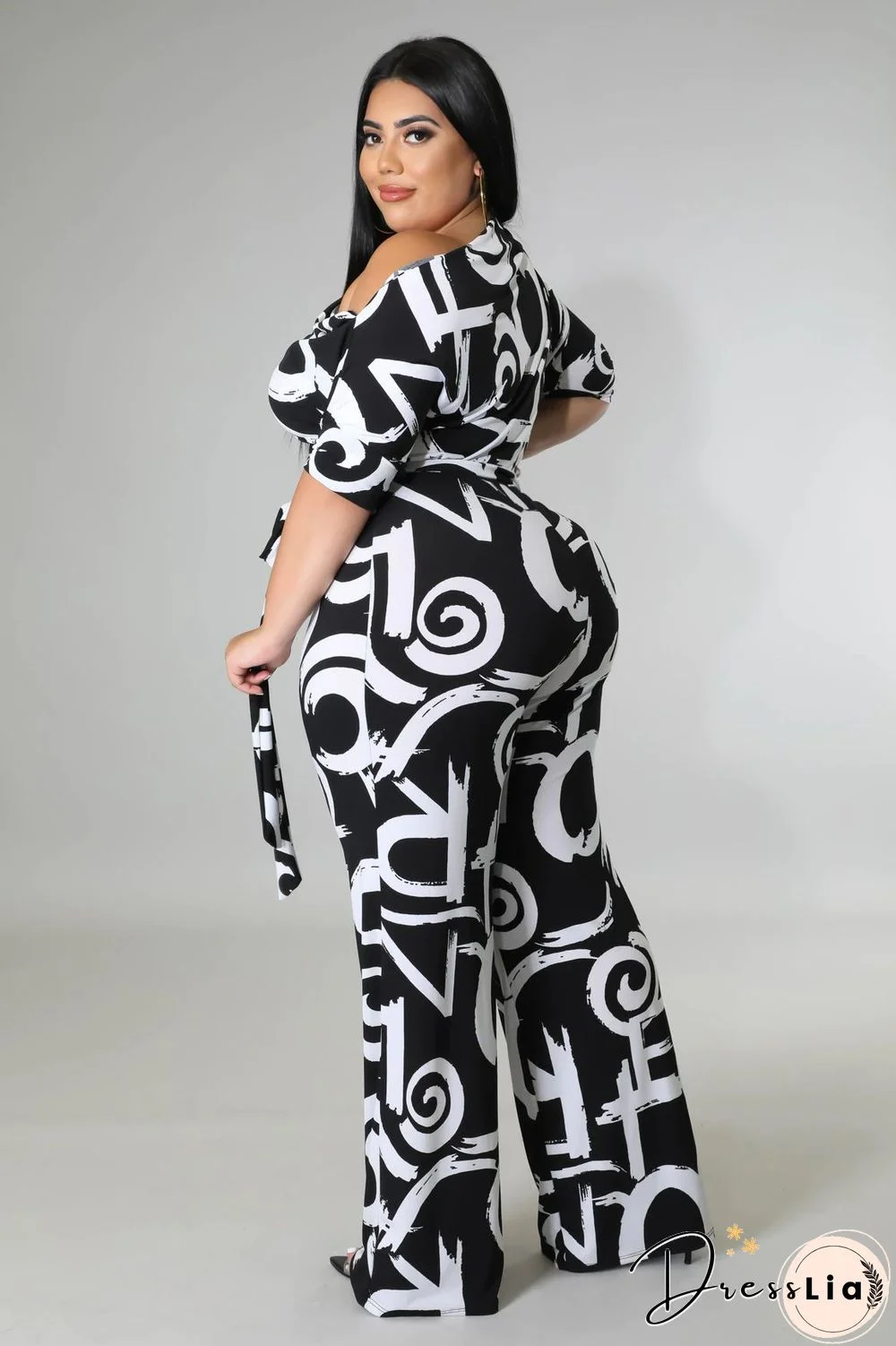 Off-the-shoulder Printed Plus Size Wide Leg Jumpsuit
