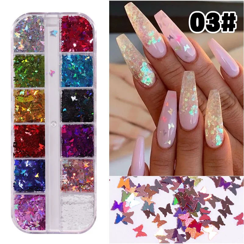1 Box12 Grids Mixed Nail Art Deco Butterfly Patch Laser Symphony Star Butterfly Fluorescent DIY Nail Art Decoration Sequins