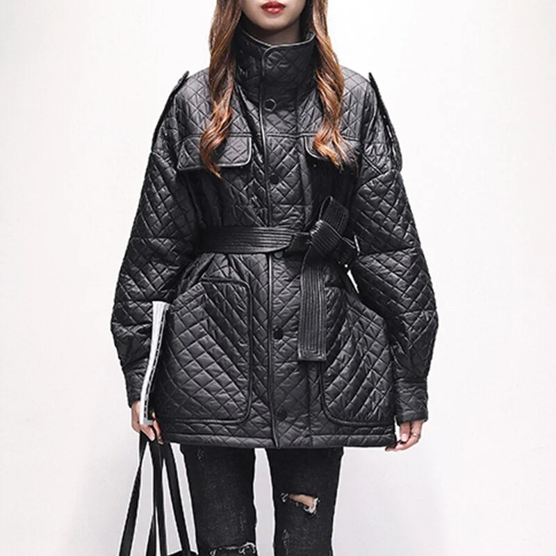 FTLZZ 2021 Winter Women New Warm Thick Parkas Fashion Solid Plaid Slim Jacket with Belt 90% White Duck Down Coat