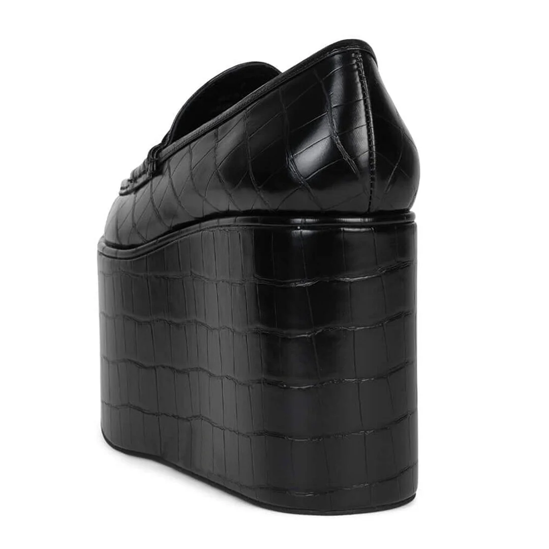 Classy Black Croc Embossed Almond Toe Platform Loafers with Wedge Heel