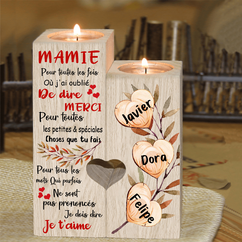 À Ma Mamie - Bougeoir en Bois 3 Prénoms Personnalisés sans bougie