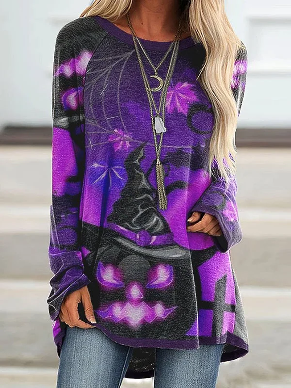 Crew Neck Halloween Pumpkins Print Longline T-shirt