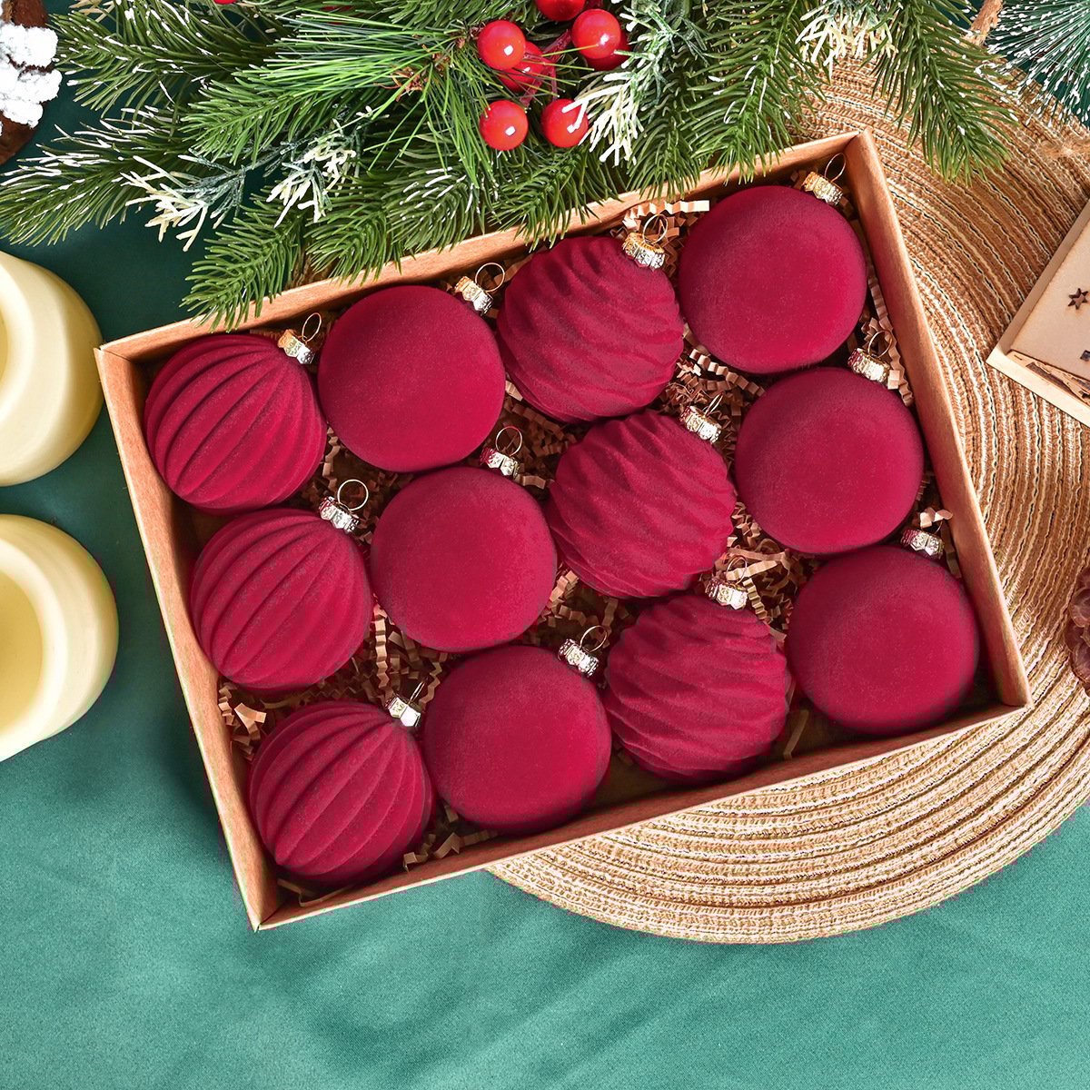 Velvet red Christmas ornaments in a box