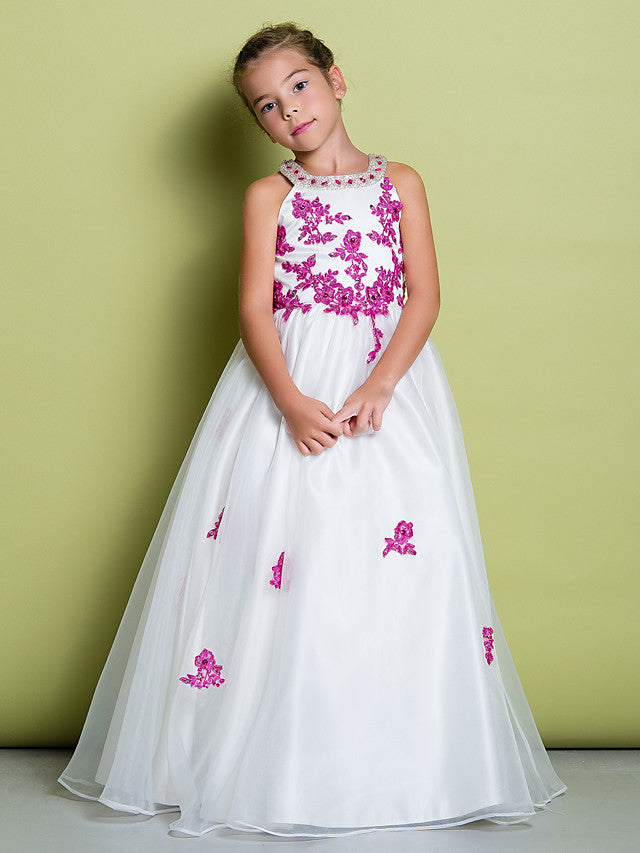 Oknass A-Line Sleeveless Jewel Neck Flower Girl Dresses Organza  With Beading Appliques