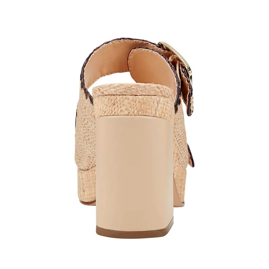 Khaki Open Round Toe Double Buckle Strap Chunky Heel Slide Sandals