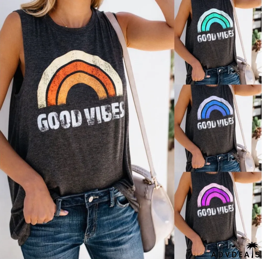 Summer Women'S Tank Top Letter Print Round Neck Sleeveless T-Shirt