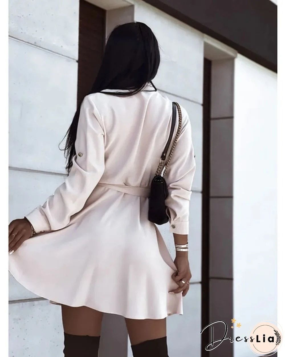 Turn-down Collar Long Sleeves Buttons Shirt Dress Women Fashion Collect Waist A Line Dress Elegant Ladies Dresses