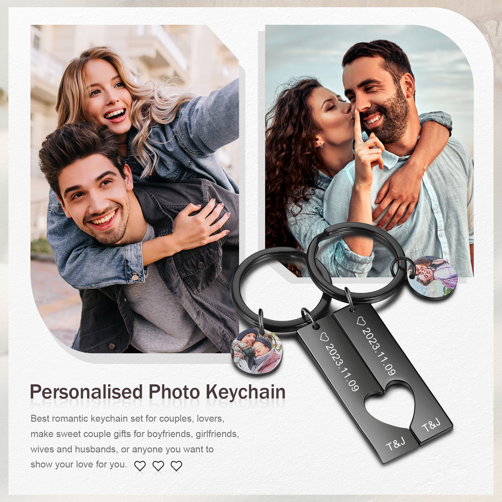 Personalised Couple Keychain Custom 2 Names & 2 Dates & 2 Photos Keyring Matching Couple Gifts Valentine's Day Gift for Him/Her-Jessemade AU
