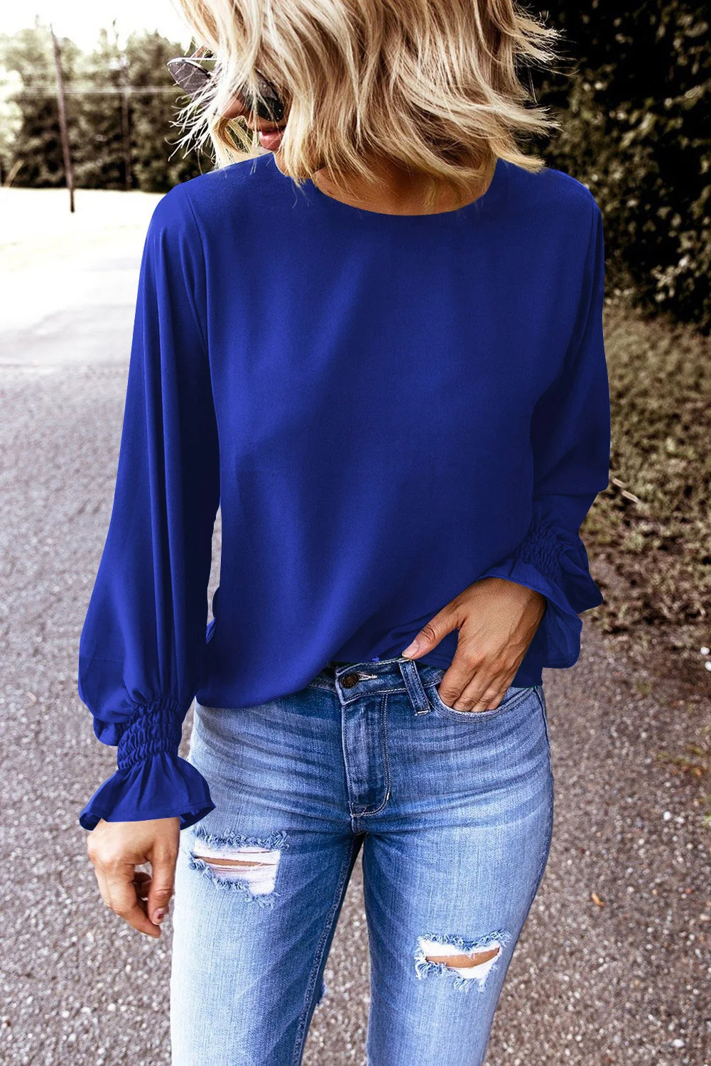 Royal Blue Crew Neck Ruffle Bubble Sleeve Top | IFYHOME
