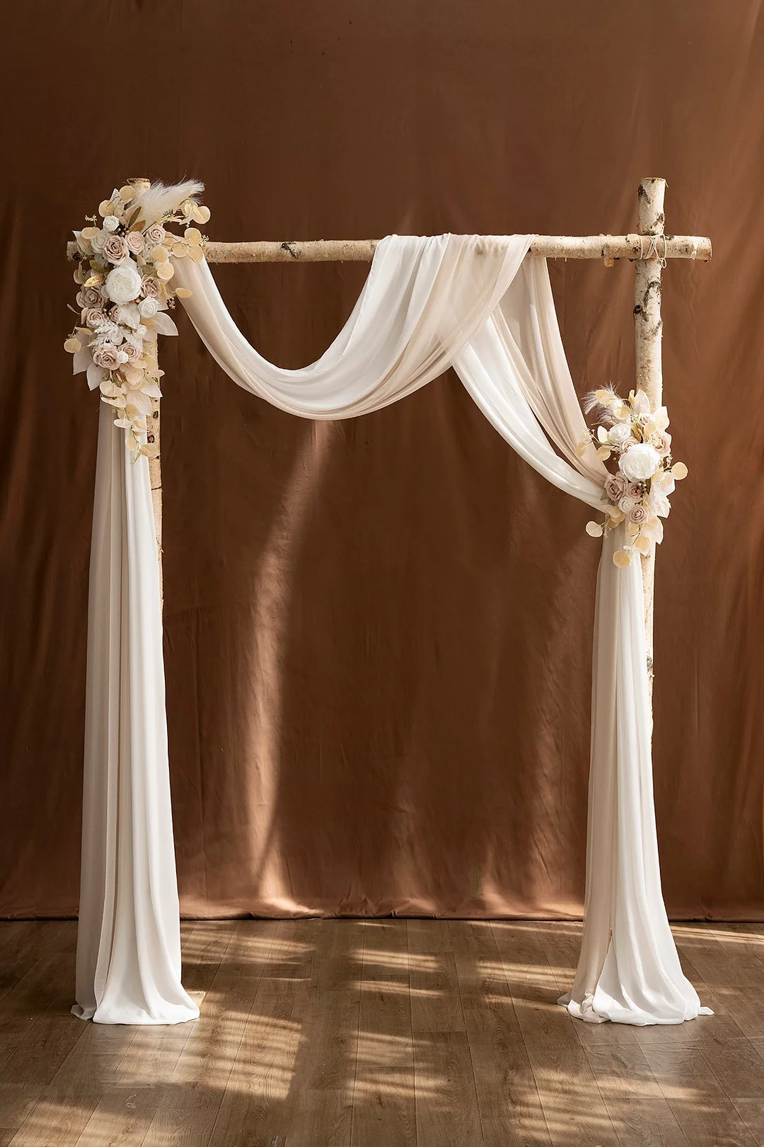 Flower Arch Decor with Drapes in White & Beige