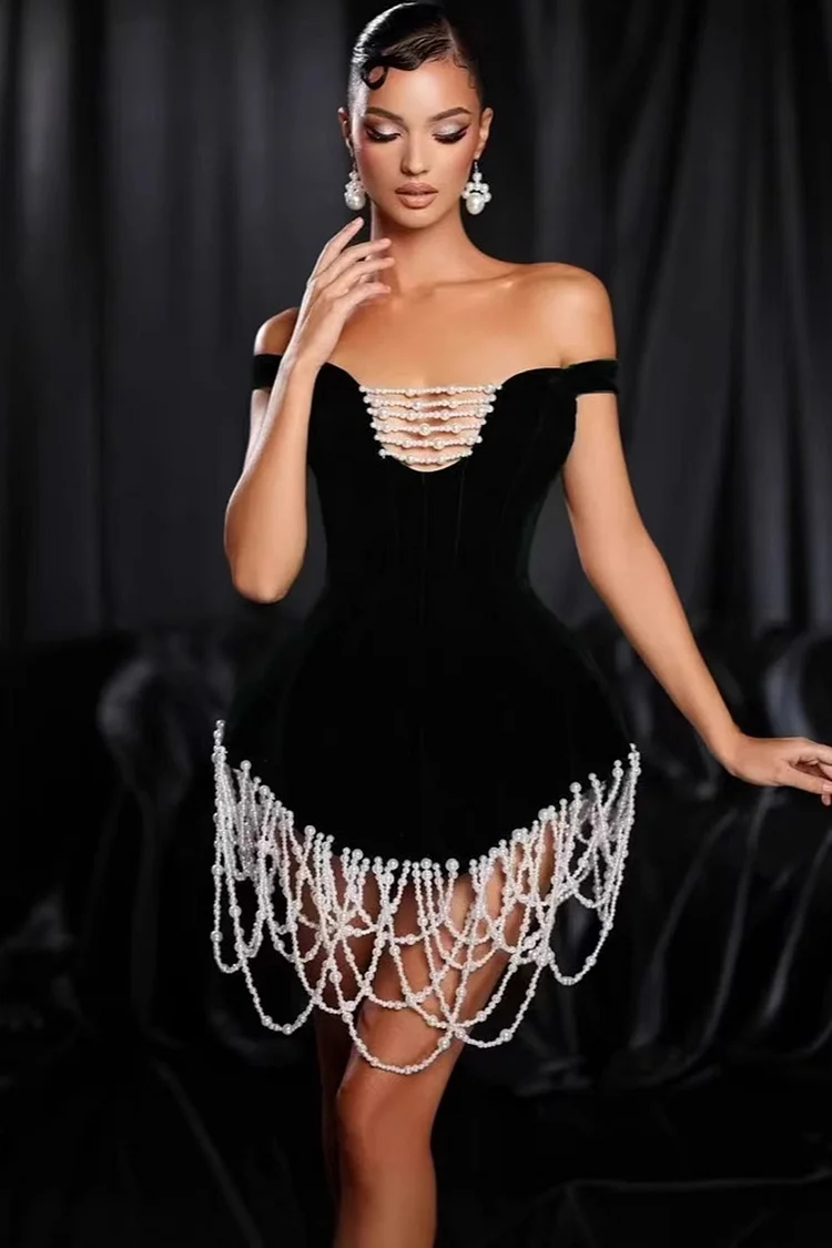 Off Shoulder Beaded Fringe Chain Mini Dress-Black