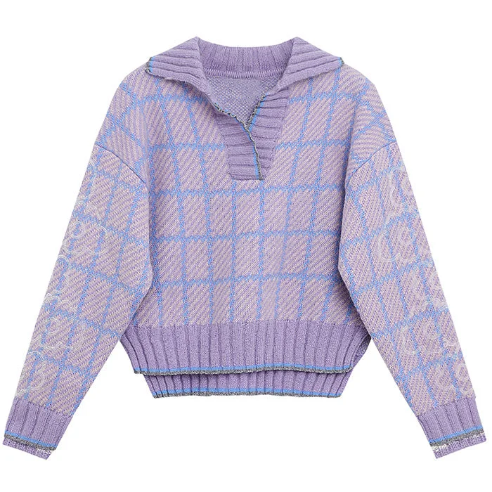 Purple Plaid V-neck Sweater