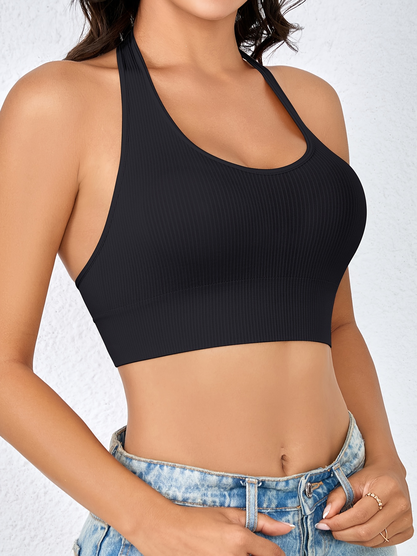 5pcs NADIA GO Women's Black Seamless Yoga Tank Tops - Backless Workout Bras with Breathable Nylon/Elastane Blend, No Padding, Sleeveless Design for Gym, Running & Casual Wear