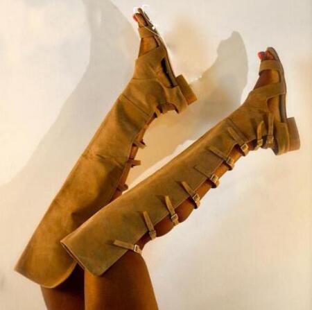 Camel Suede Over The Knee Boots Open Toe Back Buckle Strap Gladiator Sandal Boots Cutouts Flat Boots For Woman Dance Shoes