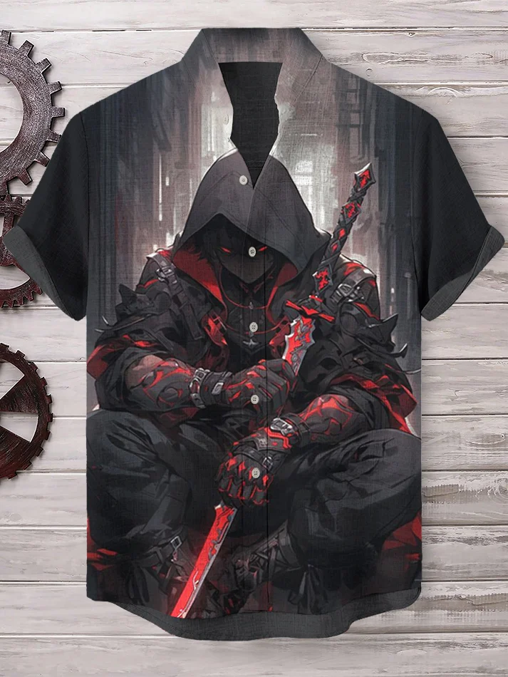 Men's Robe Warrior Japanese Art Print Short Sleeve Linen Blend Shirt