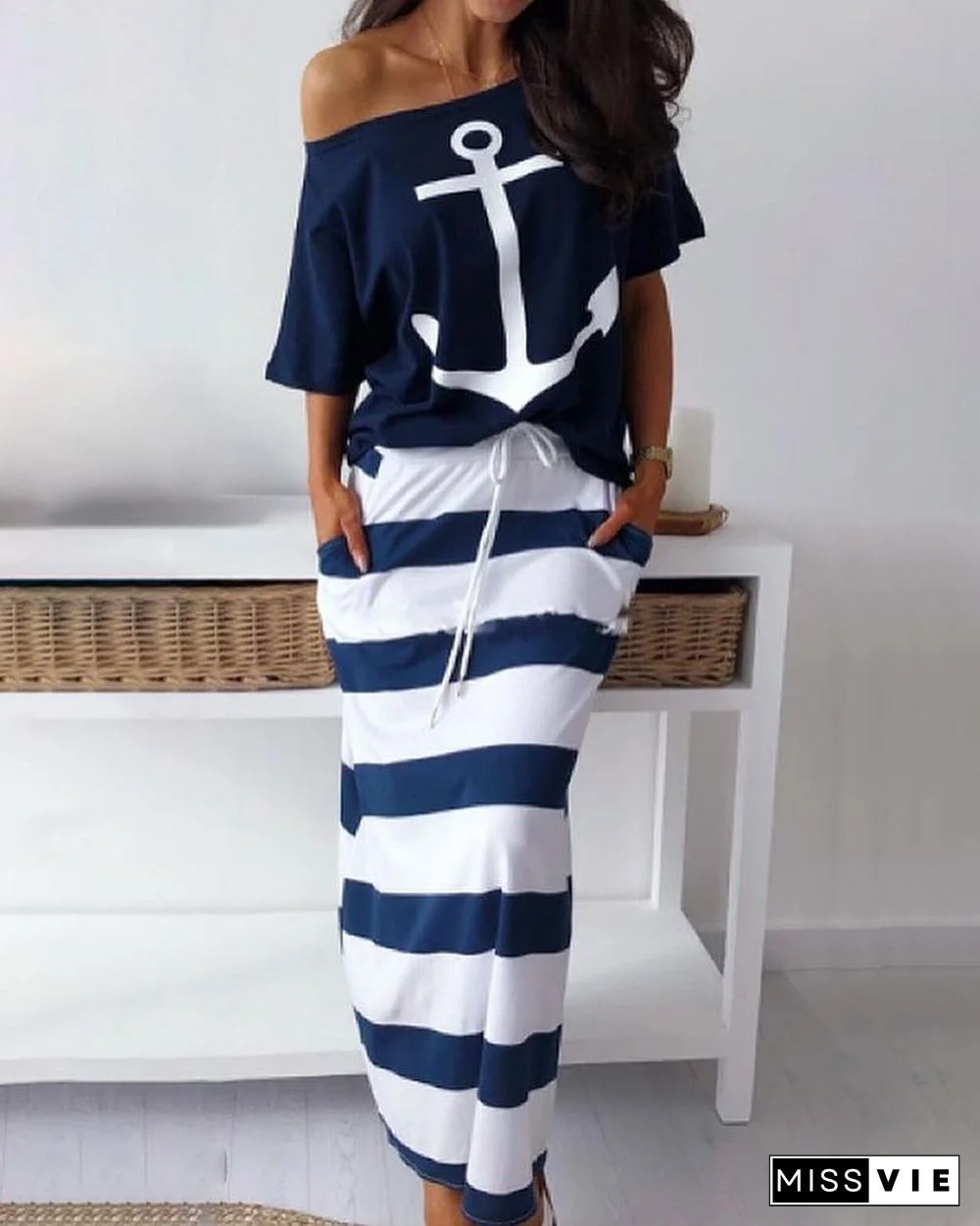 Boat Anchor Print T-Shirt & Striped Skirt Set