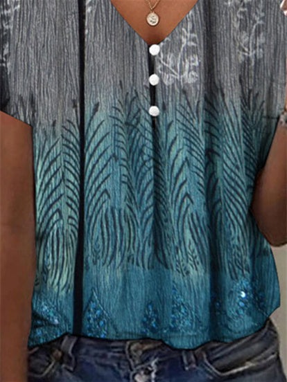 Women's Colorblock Graphic Printed Hollow Short Sleeve V-neck Top