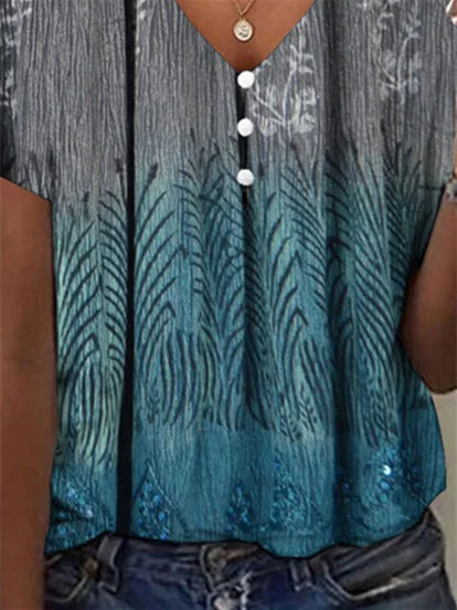 Women's Colorblock Graphic Printed Hollow Short Sleeve V-neck Top