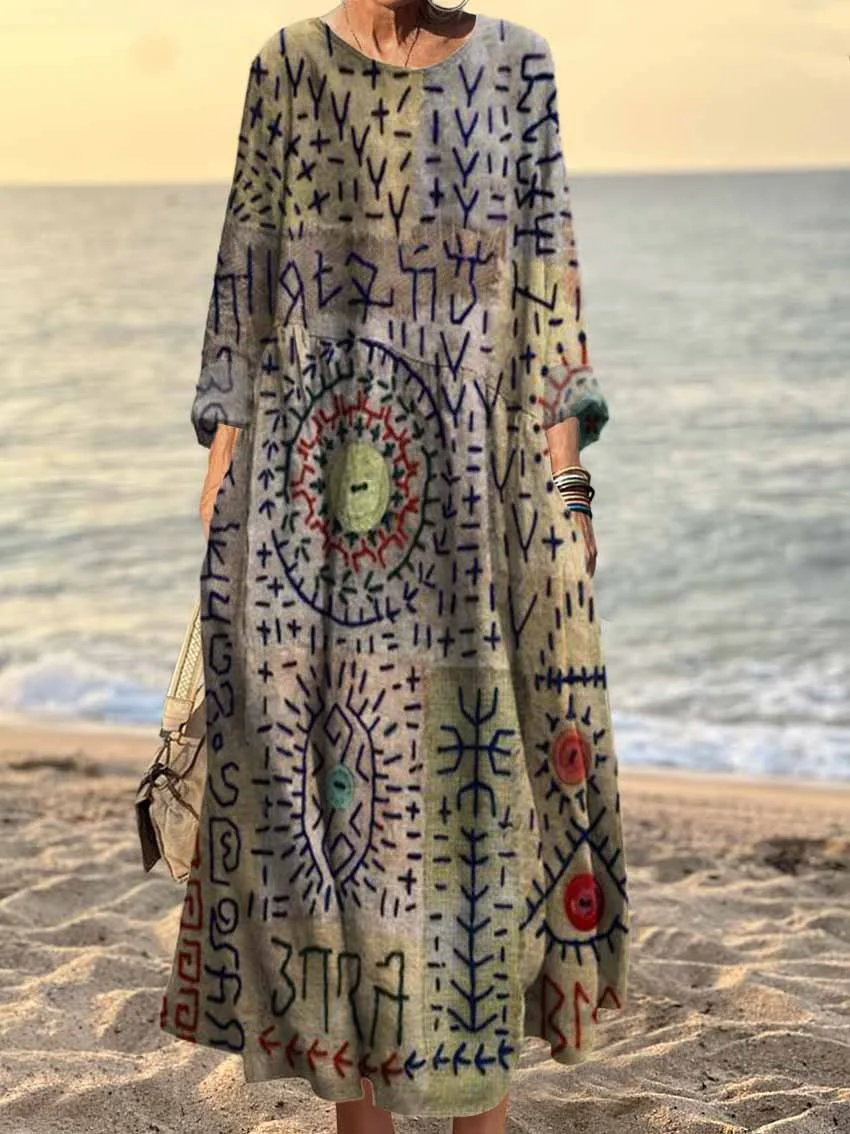 Women's Ethnic Patchwork Art Print Pocket Cotton Dress