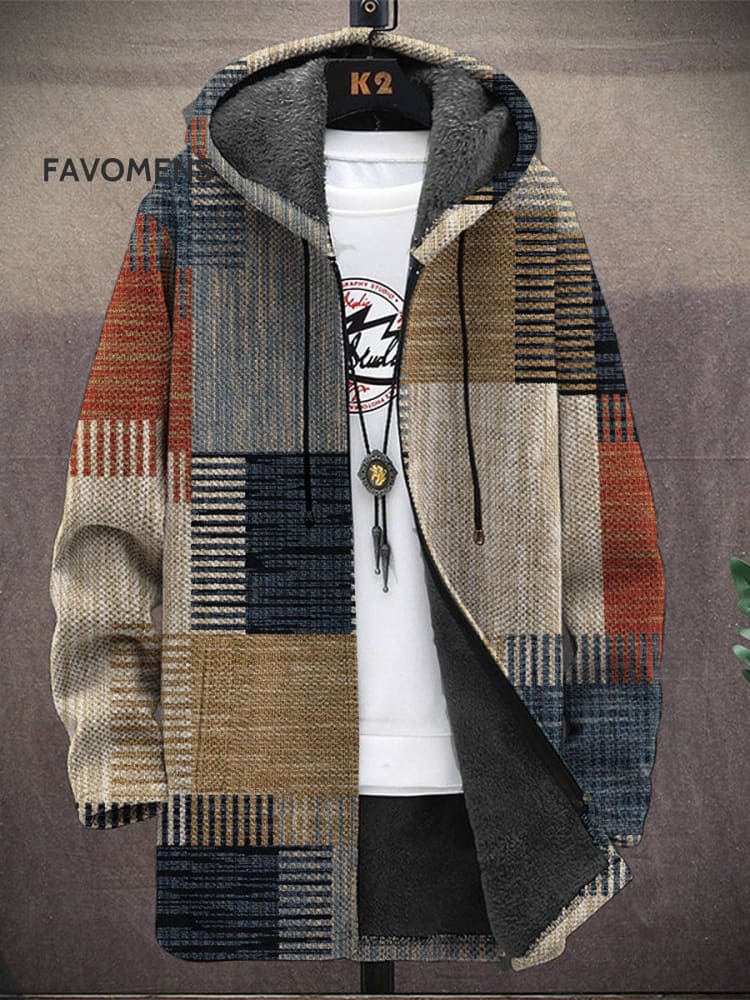 Men’s Jacket Vintage Colorblock Print Long-Sleeved Cardigan Jacket(A) / Khaki M